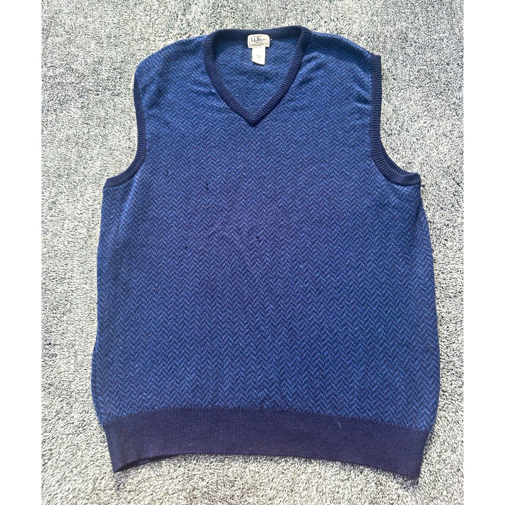 L.L.Bean Men L Lambswool Sweater Vest Blue Herringbone V Neck Vintage Style